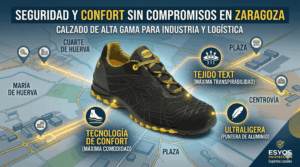 Infografía geolocalizada de zapatillas de seguridad Diadora Beat con mapa de Cuarte de Huerva, María de Huerva, Muel y PLAZA. Texto destacado sobre confort industrial en Zaragoza. Disponible en ESYOS PROTECCION.